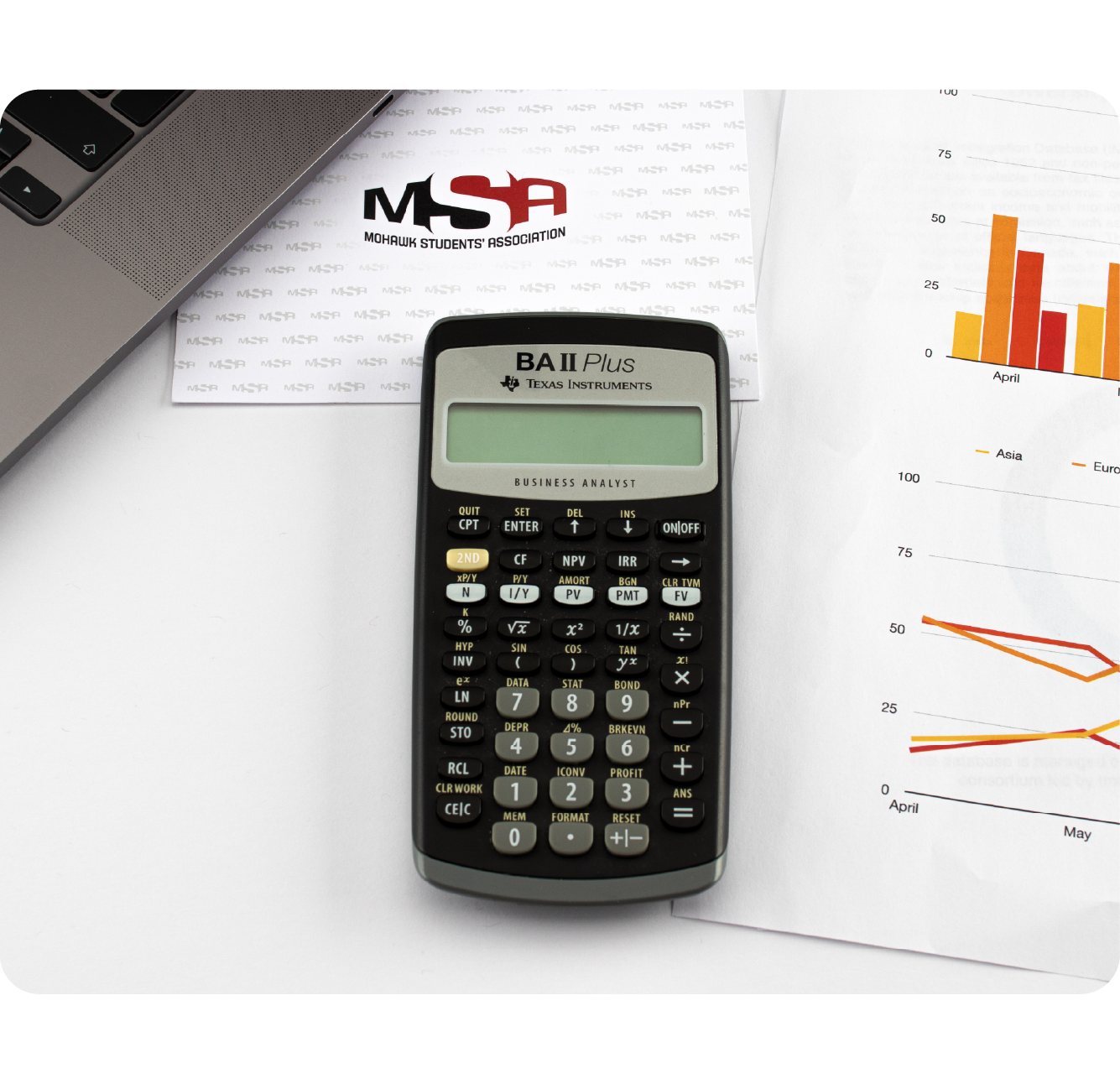 Scientific calculator next to a chart and card with the MSA logo on it.
