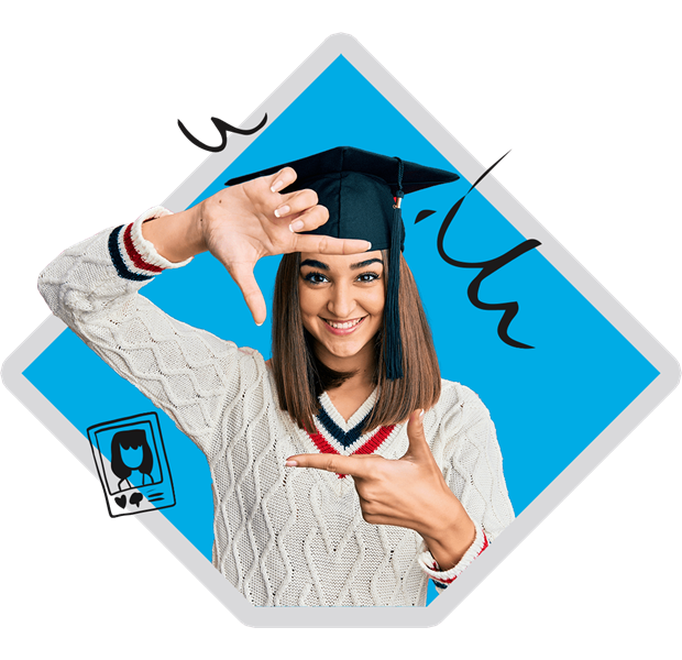Person framing their face with their hands and wearing a graduation cap.