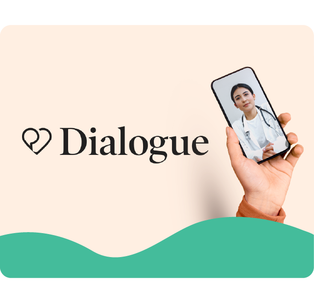 Dialogue logo with person holding a phone on a video call.