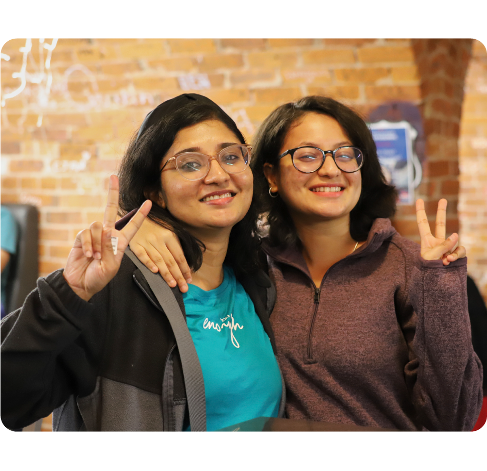 Students holding up peace signs.