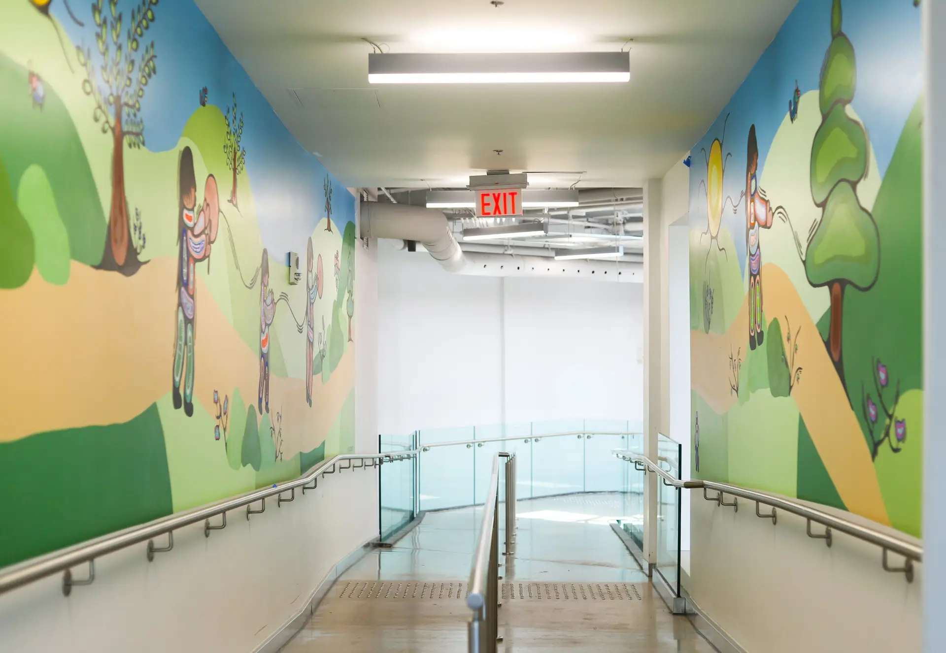 View of the hallway from DBARC into the MSA Student Centre showing both sides of the mural.
